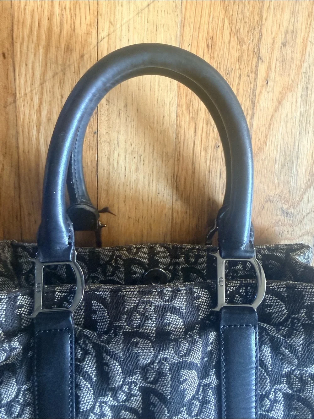 Dior Black and Gray Monogram Tote with calf leather Dark Blue Straps